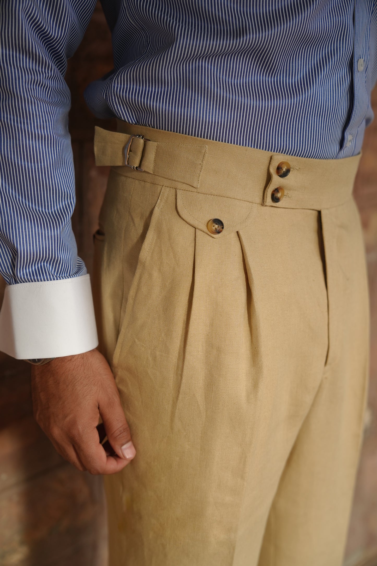 Navy Blue Double Breasted Linen Jacket Paired With Butter Yellow Italian Trouser