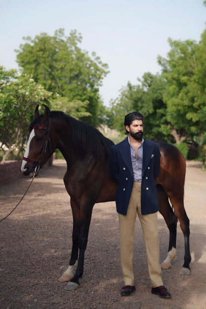 Navy Blue Double Breasted Linen Jacket Paired With Butter Yellow Italian Trouser