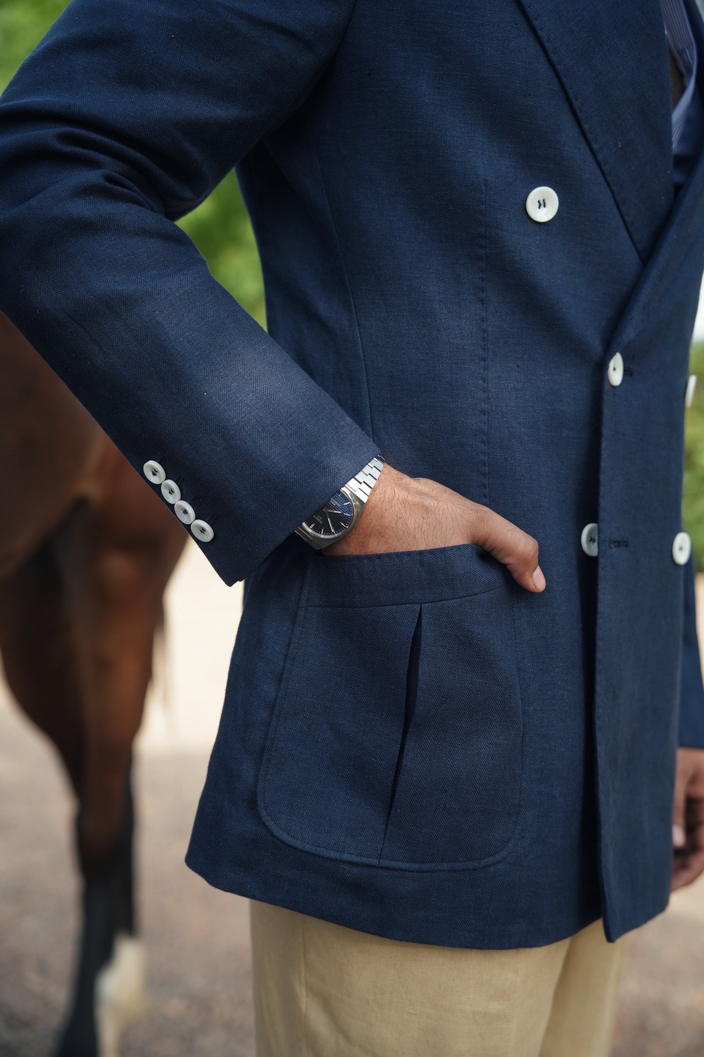 Navy Blue Double Breasted Linen Jacket Paired With Butter Yellow Italian Trouser