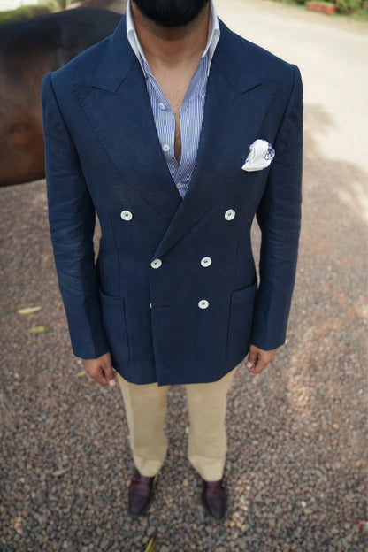 Navy Blue Double Breasted Linen Jacket Paired With Butter Yellow Italian Trouser