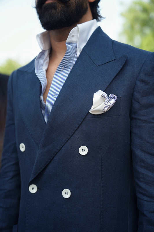 Navy Blue Double Breasted Linen Jacket Paired With Butter Yellow Italian Trouser