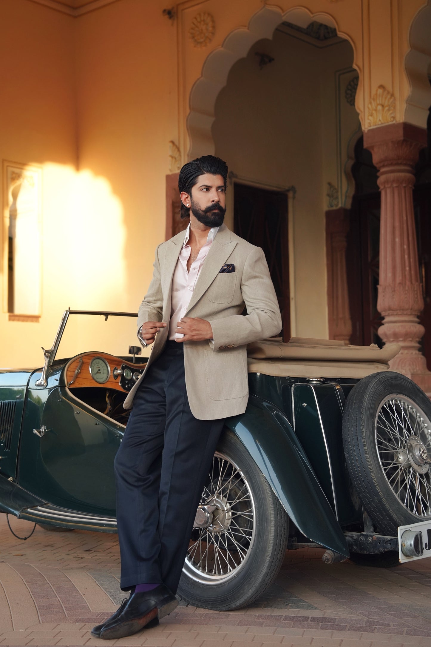 Sand Beige Linen Hand Stitched Jacket With Navy Trouser