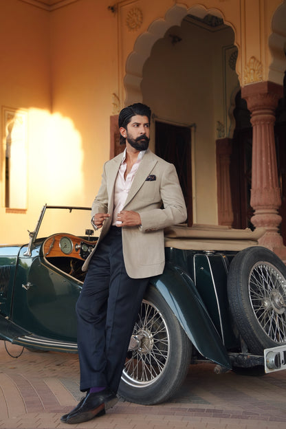 Sand Beige Linen Hand Stitched Jacket With Navy Trouser