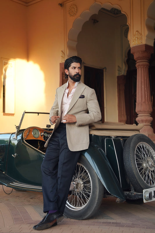 Sand Beige Linen Hand Stitched Jacket With Navy Trouser