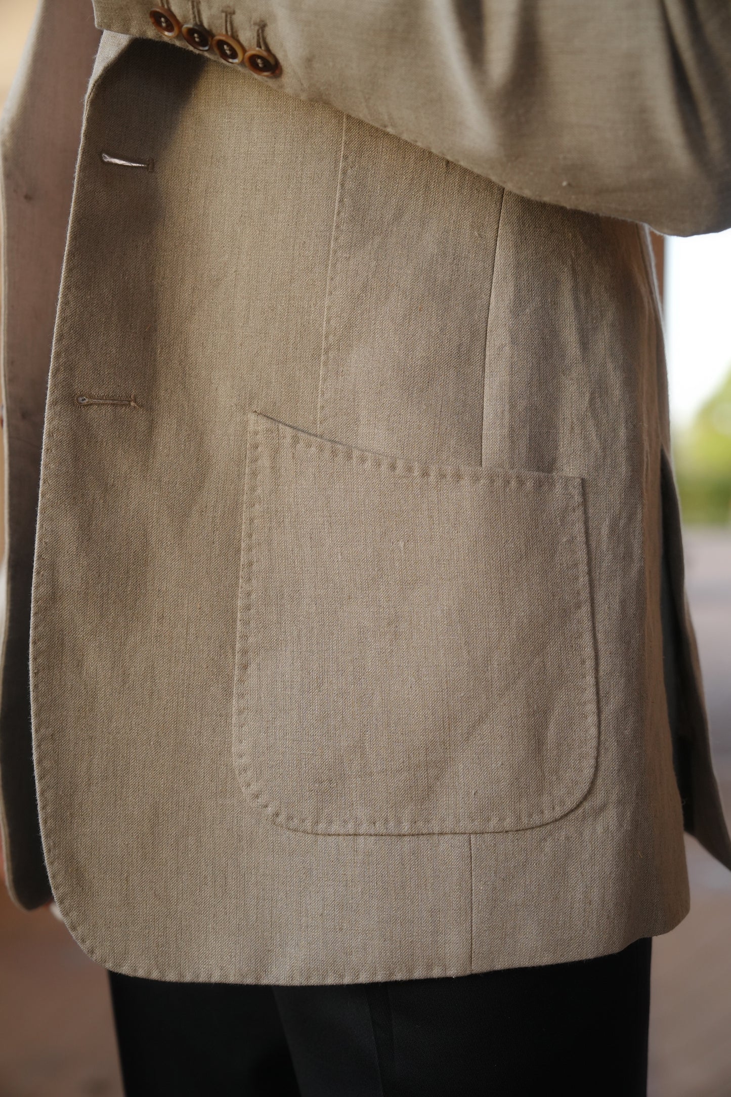 Sand Beige Linen Hand Stitched Jacket With Navy Trouser