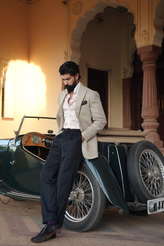 Sand Beige Linen Hand Stitched Jacket With Navy Trouser
