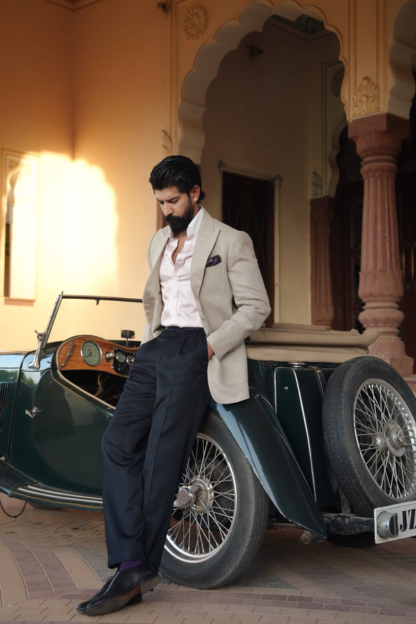 Sand Beige Linen Hand Stitched Jacket With Navy Trouser