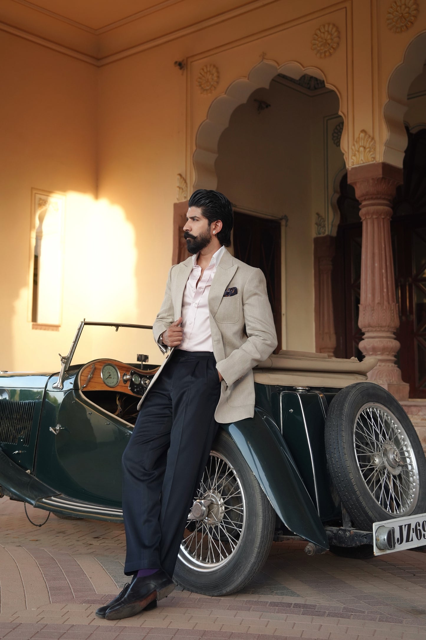 Sand Beige Linen Hand Stitched Jacket With Navy Trouser