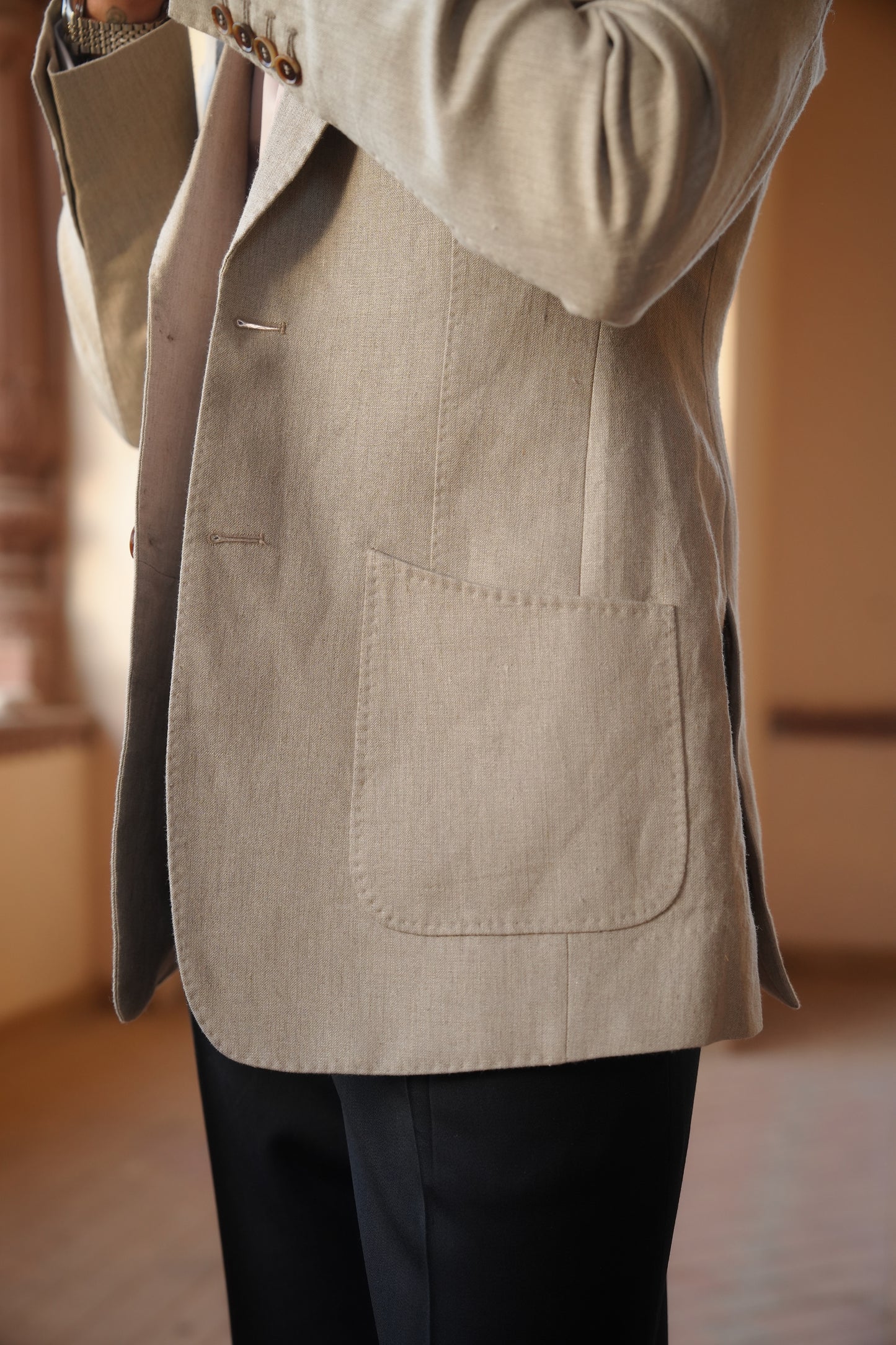 Sand Beige Linen Hand Stitched Jacket With Navy Trouser