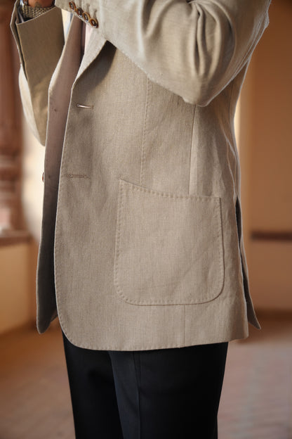 Sand Beige Linen Hand Stitched Jacket With Navy Trouser
