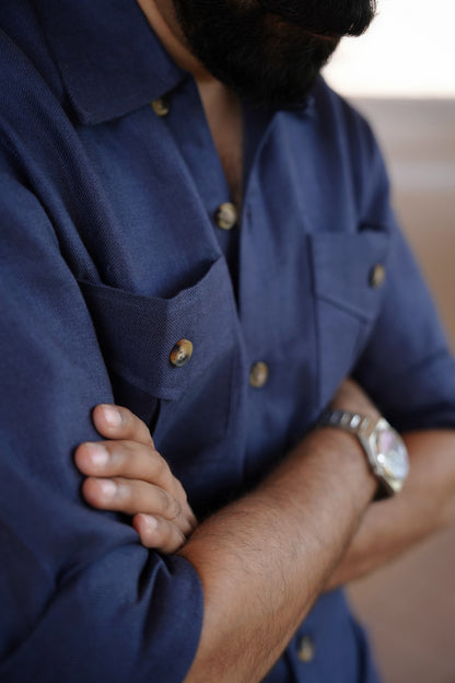Deep Navy Linen Safari Shirt